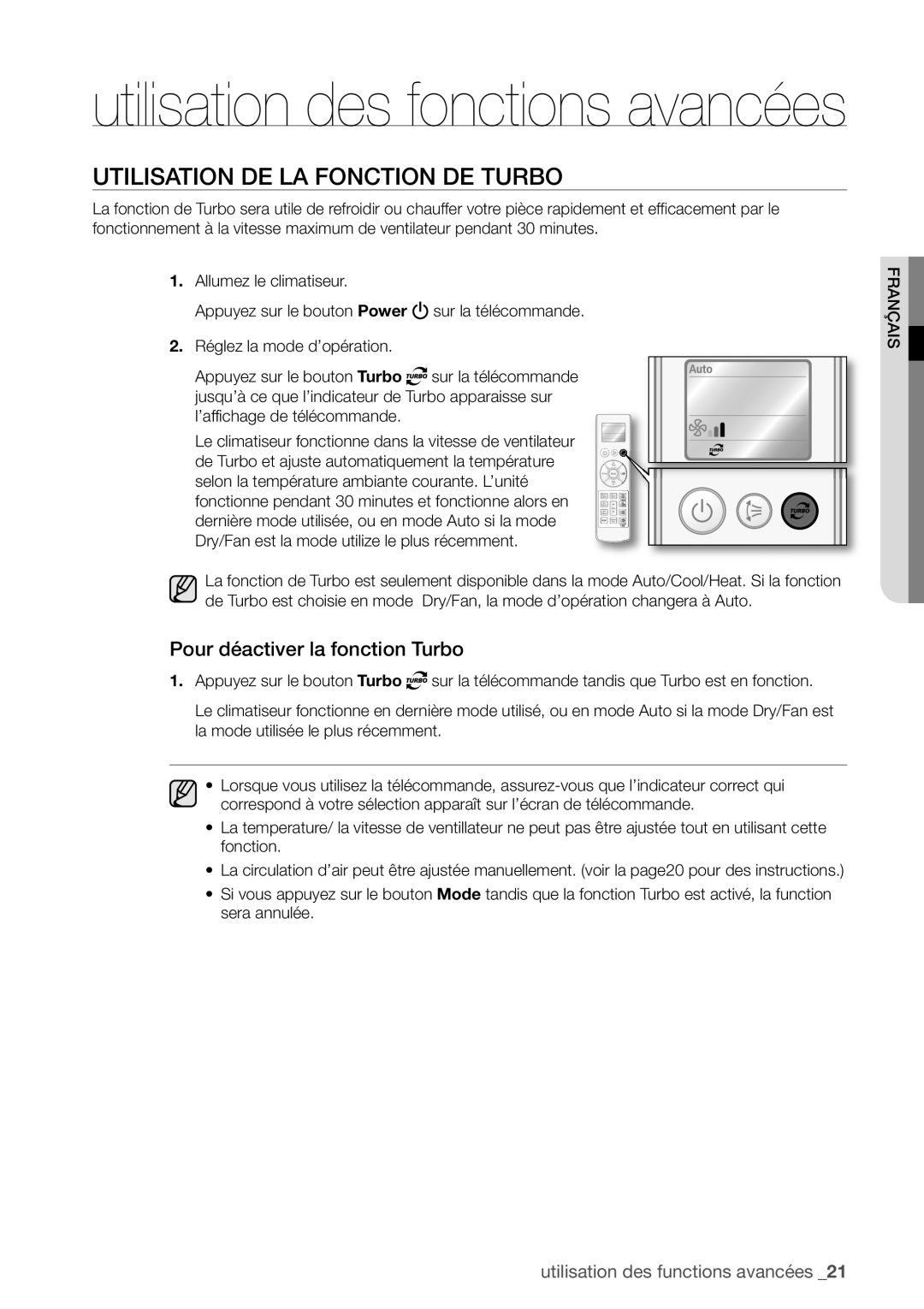 Samsung AQV12EWCN, AQV12FKX, AQV09EWCX, AQV09EWCN manual Utilisation DE LA Fonction DE Turbo, Pour déactiver la fonction Turbo 