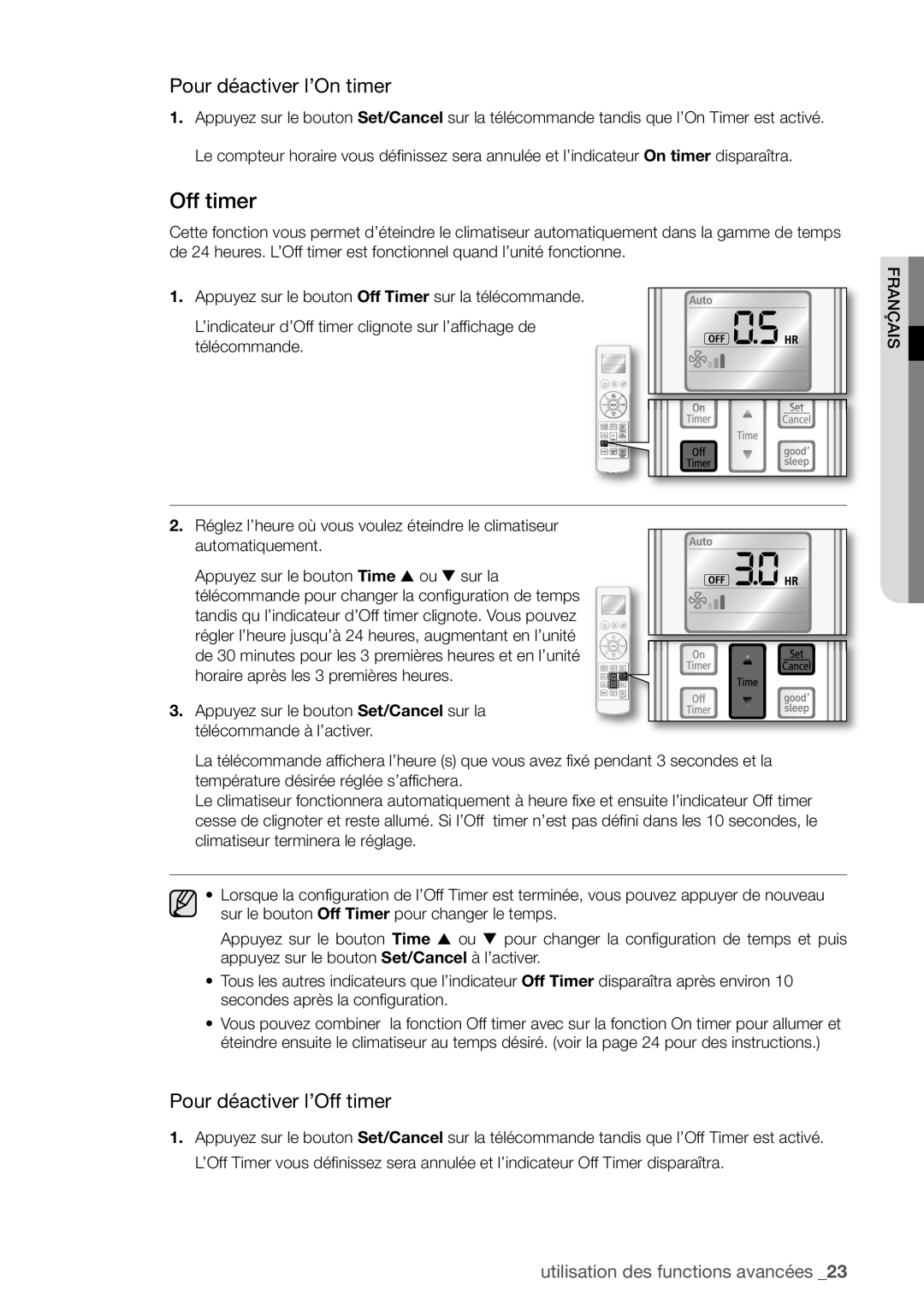 Samsung AQV09VBEX, AQV12FKX, AQV09EWCX, AQV12EWCN, AQV09EWCN manual Pour déactiver l’On timer, Pour déactiver l’Off timer 