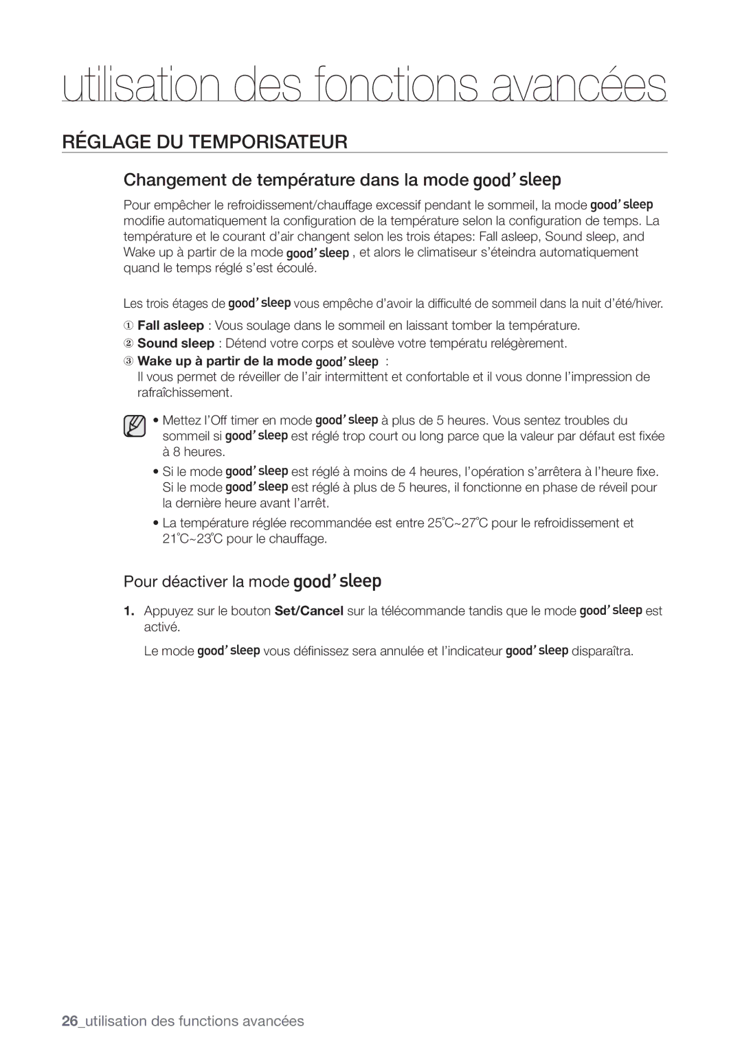 Samsung AQV09EWCX, AQV12FKX manual Réglage DU Temporisateur, Changement de température dans la mode, Pour déactiver la mode 