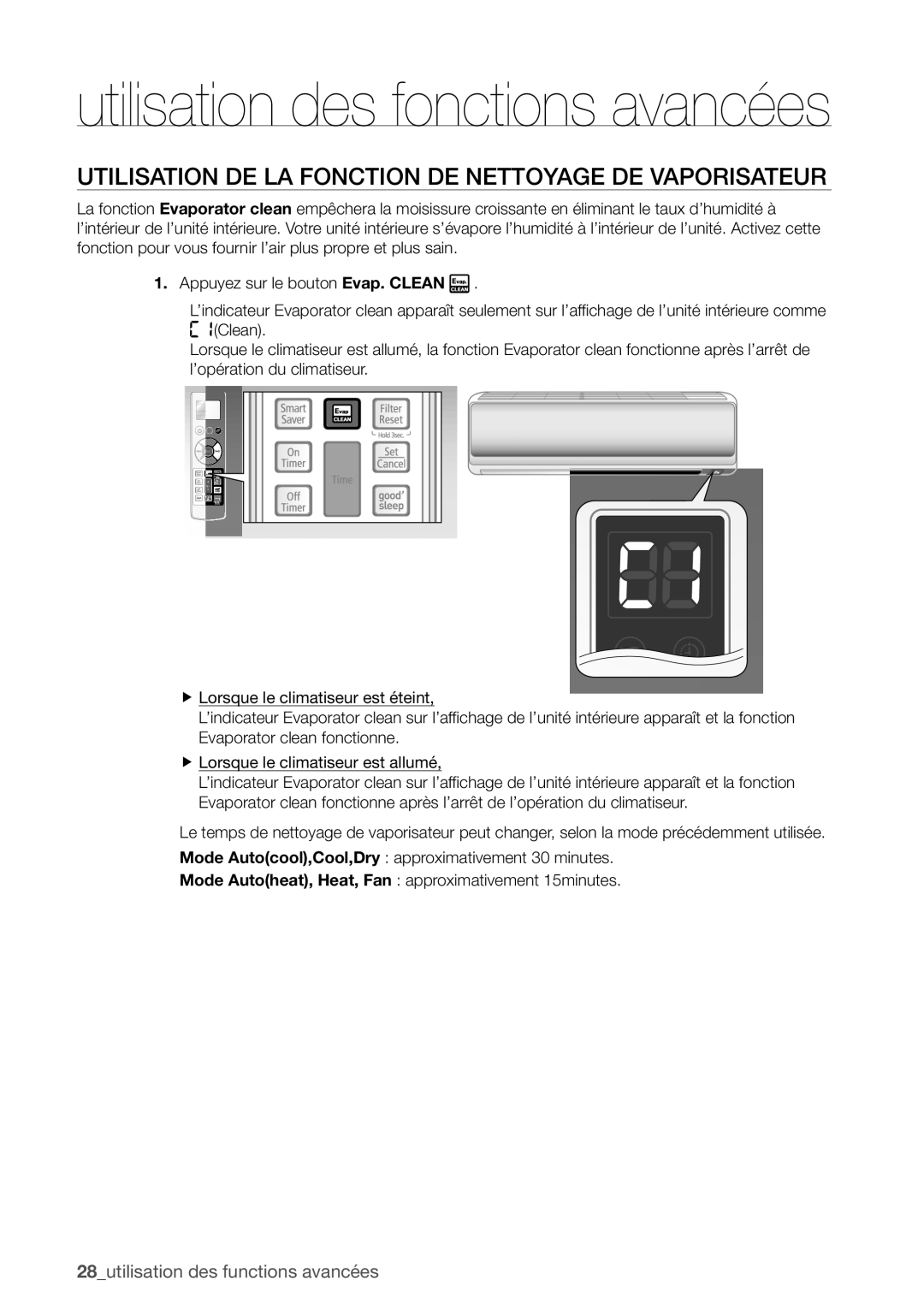 Samsung AQV09EWCN, AQV12FKX, AQV09EWCX, AQV12EWCN, AQV09VBEX manual Utilisation DE LA Fonction DE Nettoyage DE Vaporisateur 