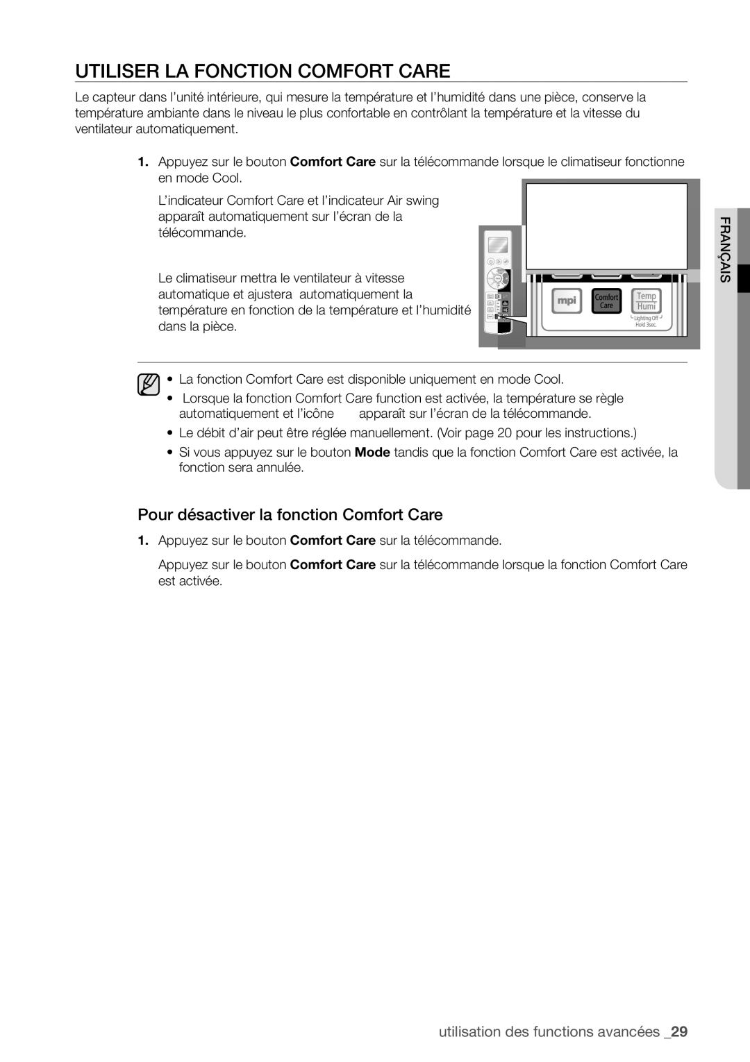 Samsung AQV09VBEX, AQV12FKX, AQV09EWCX manual Utiliser LA Fonction Comfort Care, Pour désactiver la fonction Comfort Care 