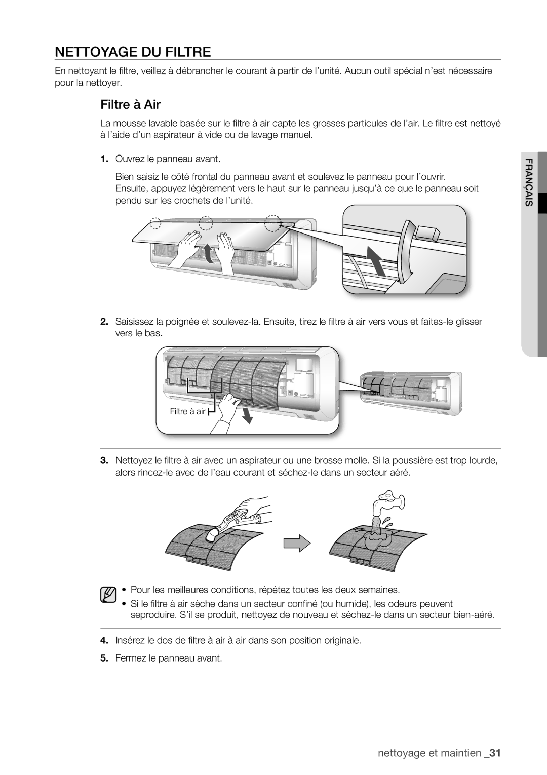 Samsung AQV12FKX, AQV09EWCX, AQV12EWCN, AQV09EWCN, AQV09VBEX, AQV12EWCX manual Nettoyage DU Filtre, Filtre à Air 