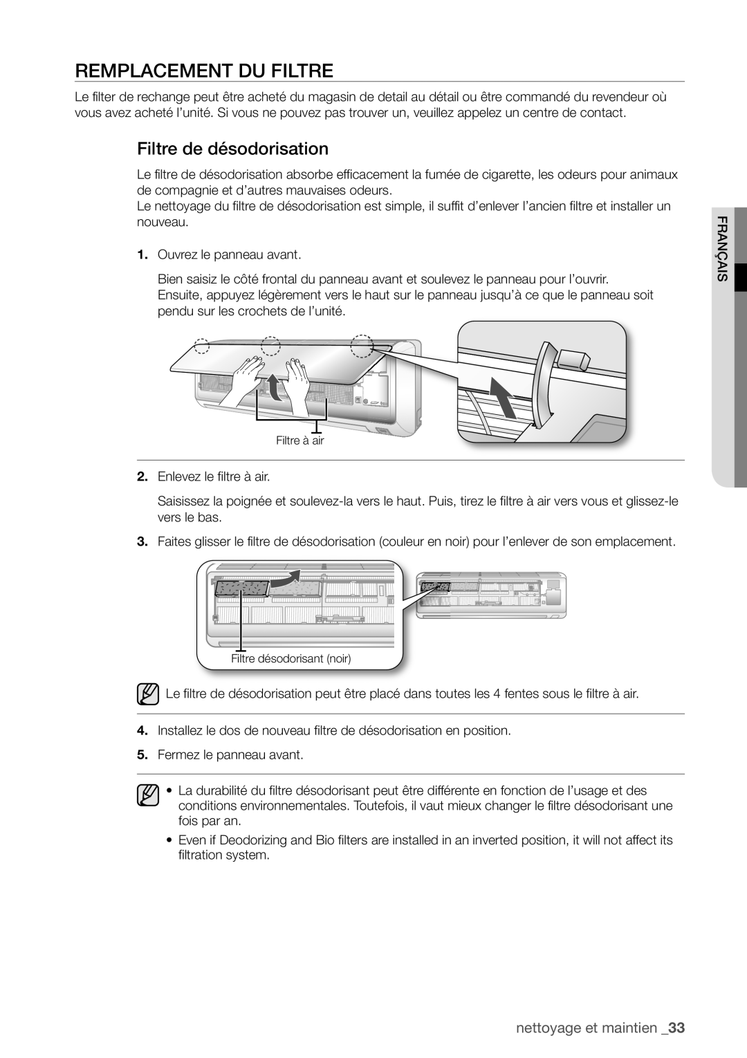 Samsung AQV12EWCN, AQV12FKX, AQV09EWCX, AQV09EWCN, AQV09VBEX, AQV12EWCX manual Remplacement DU Filtre, Filtre de désodorisation 