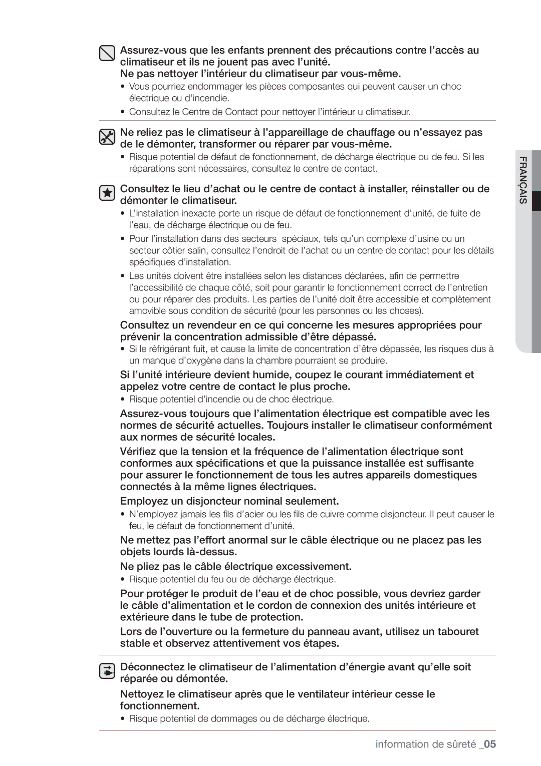 Samsung AQV09VBEX, AQV12FKX, AQV09EWCX, AQV12EWCN, AQV09EWCN, AQV12EWCX manual Risque potentiel d’incendie ou de choc électrique 