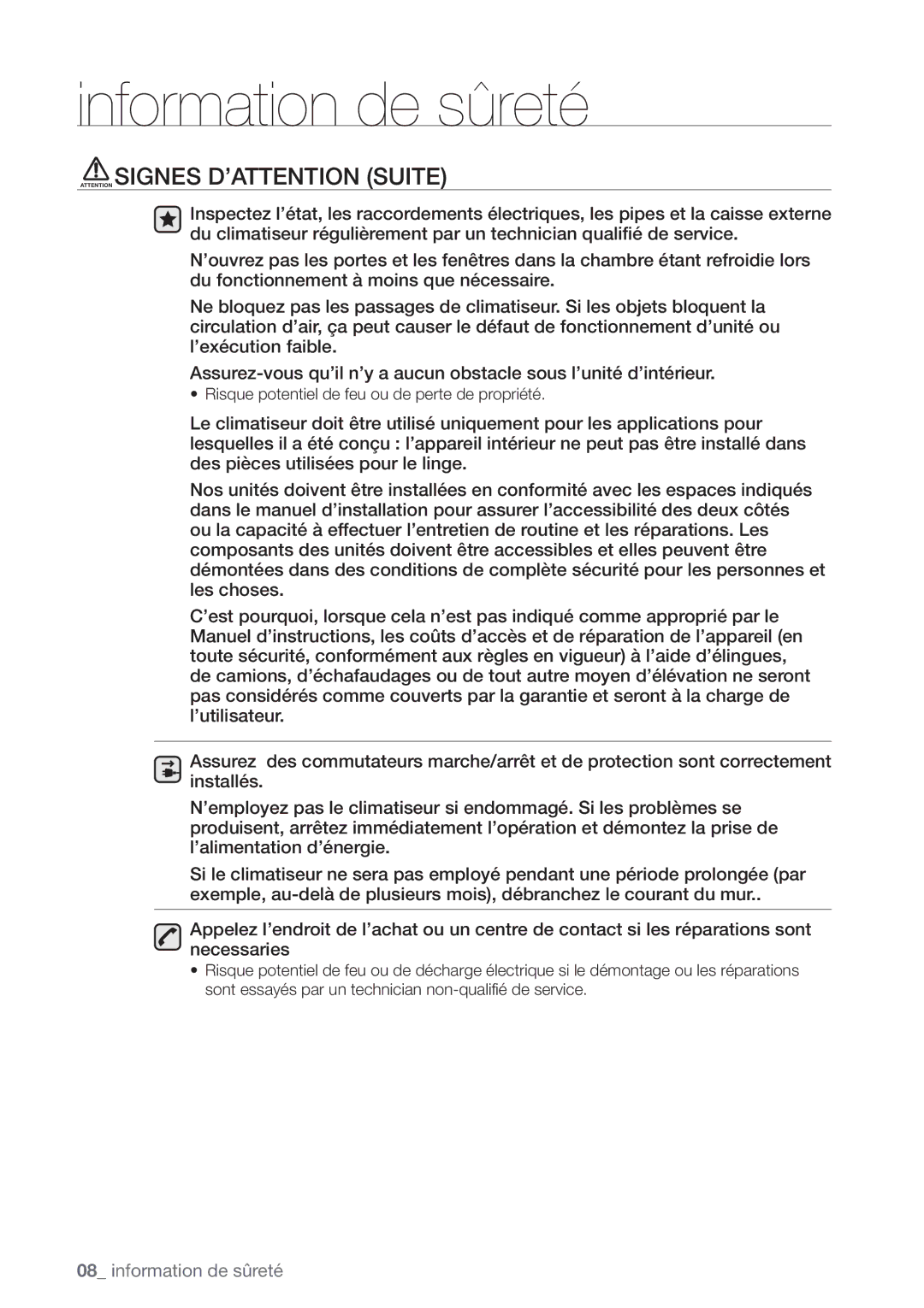 Samsung AQV09EWCX, AQV12FKX, AQV12EWCN, AQV09EWCN, AQV09VBEX, AQV12EWCX manual Risque potentiel de feu ou de perte de propriété 