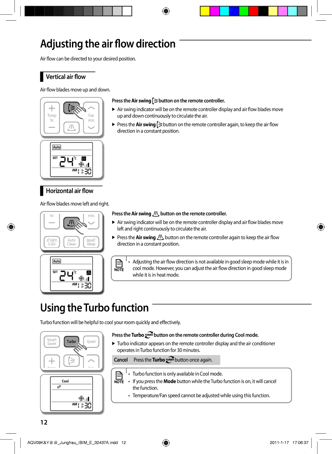 Samsung AQV09KBAX manual Adjusting the air flow direction, Using the Turbo function, Vertical air flow, Horizontal air flow 