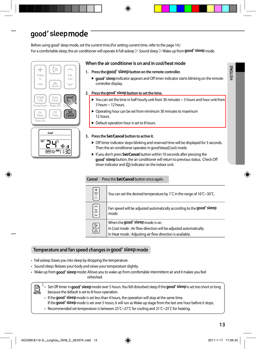 Samsung AQV24PSBXSER Mode, When the air conditioner is on and in cool/heat mode, Press the button on the remote controller 