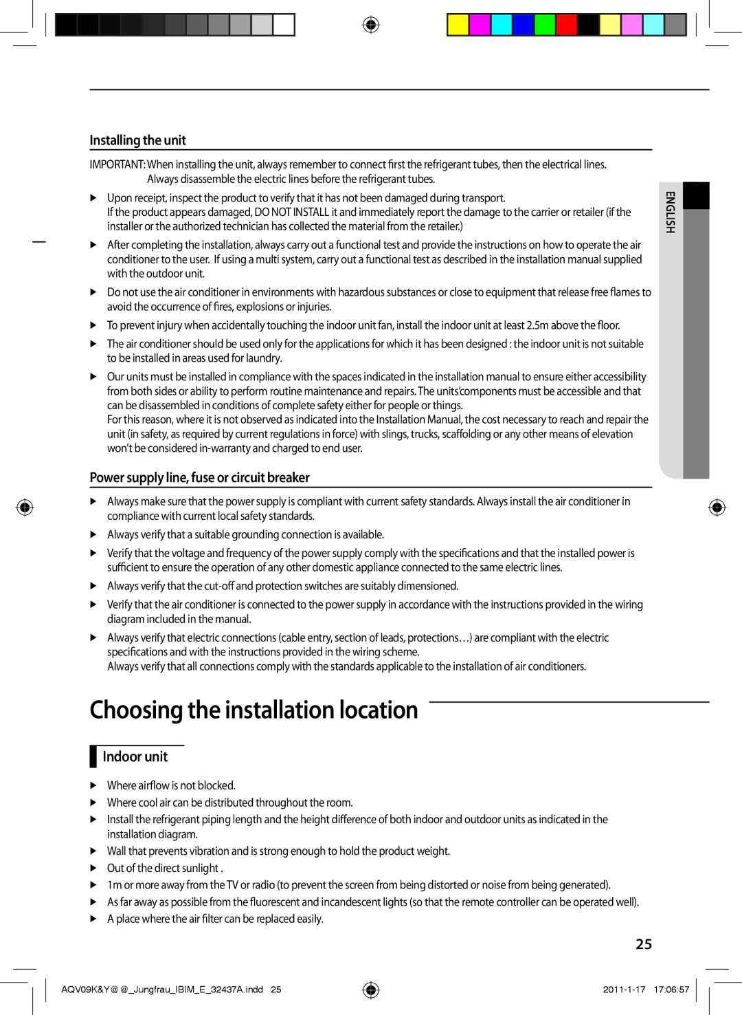 Samsung AQV18KBAN Choosing the installation location, Installing the unit, Power supply line, fuse or circuit breaker 