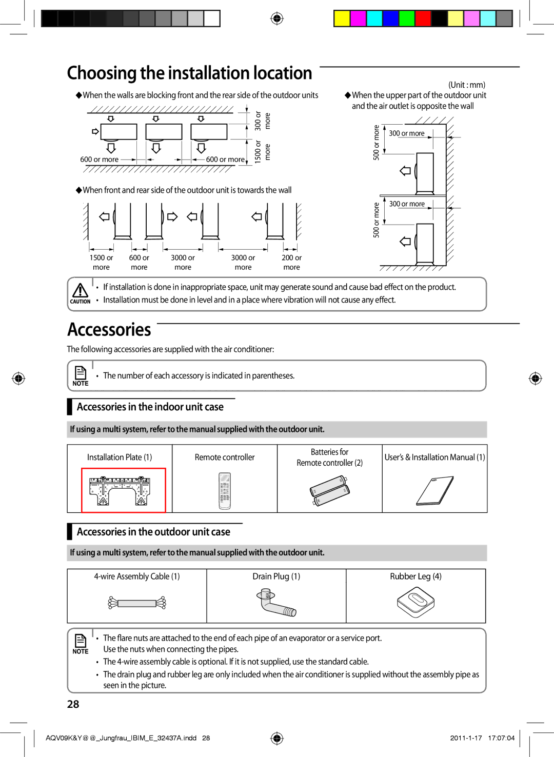 Samsung AQV12KBAN, AQV12YWAN manual Accessories in the indoor unit case, Accessories in the outdoor unit case, Unit mm 