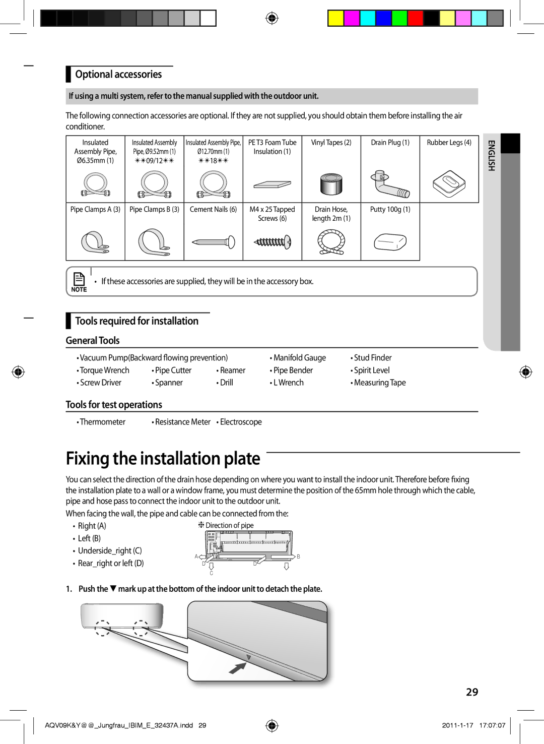 Samsung AQV12YWAN manual Fixing the installation plate, Optional accessories, Tools required for installation General Tools 