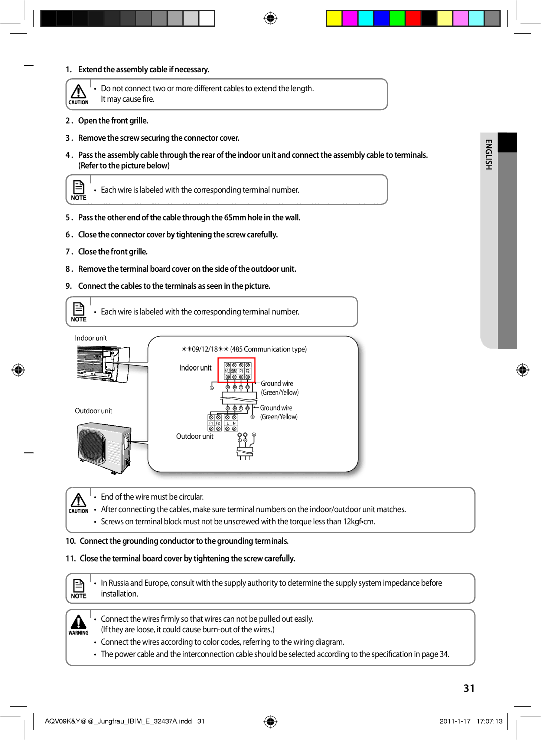 Samsung AQV09YWAX Extend the assembly cable if necessary, Each wire is labeled with the corresponding terminal number 