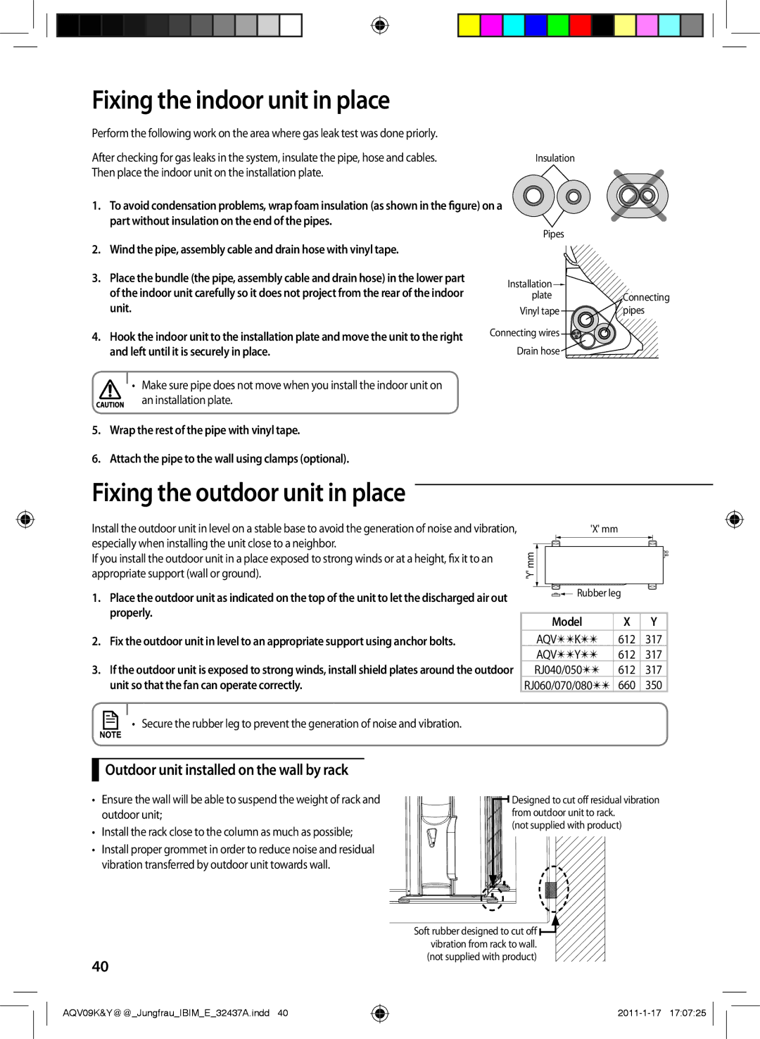 Samsung AQV09KBAX, AQV12KBAN, AQV12YWAN, AQV09KBAN Fixing the indoor unit in place, Fixing the outdoor unit in place, 612 