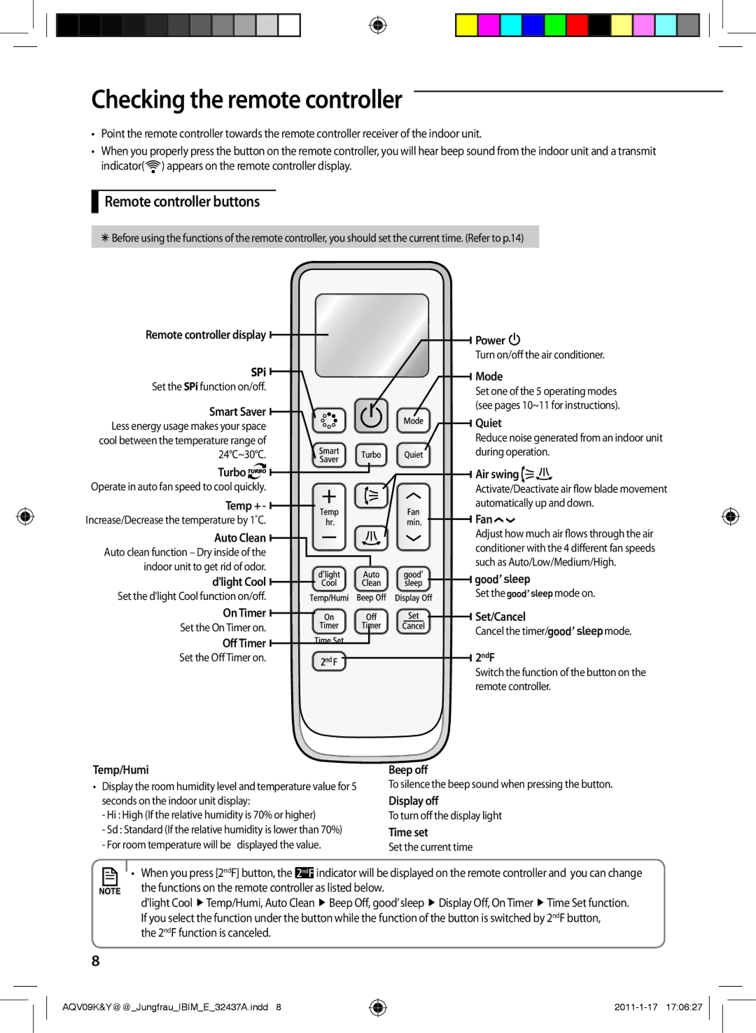 Samsung AQV12YWAX, AQV12KBAN, AQV12YWAN, AQV09KBAN, AQV09YWAX manual Checking the remote controller, Remote controller buttons 