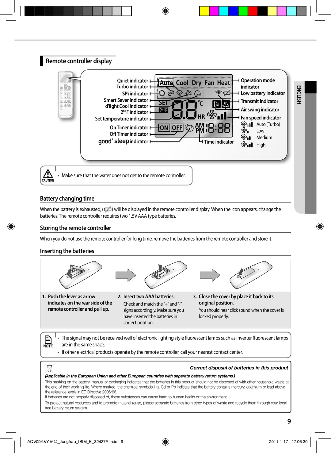 Samsung AQV24PSBX Remote controller display, Battery changing time, Storing the remote controller, Inserting the batteries 