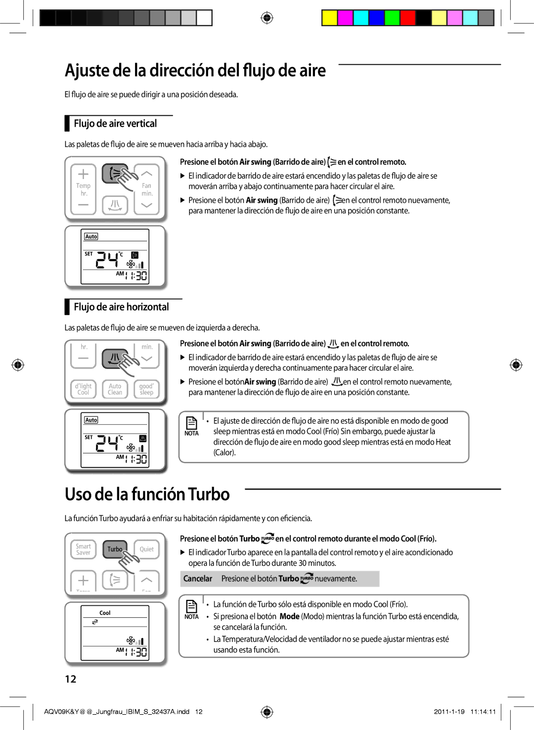 Samsung AQV09KBAX, AQV12KBAN Ajuste de la dirección del flujo de aire, Uso de la función Turbo, Flujo de aire vertical 