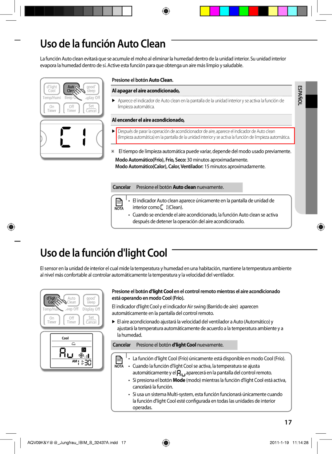 Samsung AQV09YWAX manual Uso de la función Auto Clean, Uso de la función dlight Cool, Al encender el aire acondicionado 