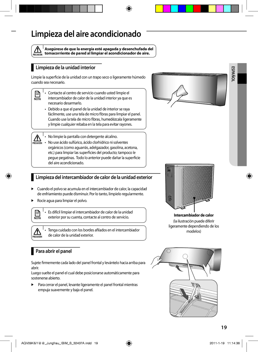 Samsung AQV18KBAX, AQV12KBAN, AQV12YWAN manual Limpieza de la unidad interior, Para abrir el panel, Intercambiador de calor 