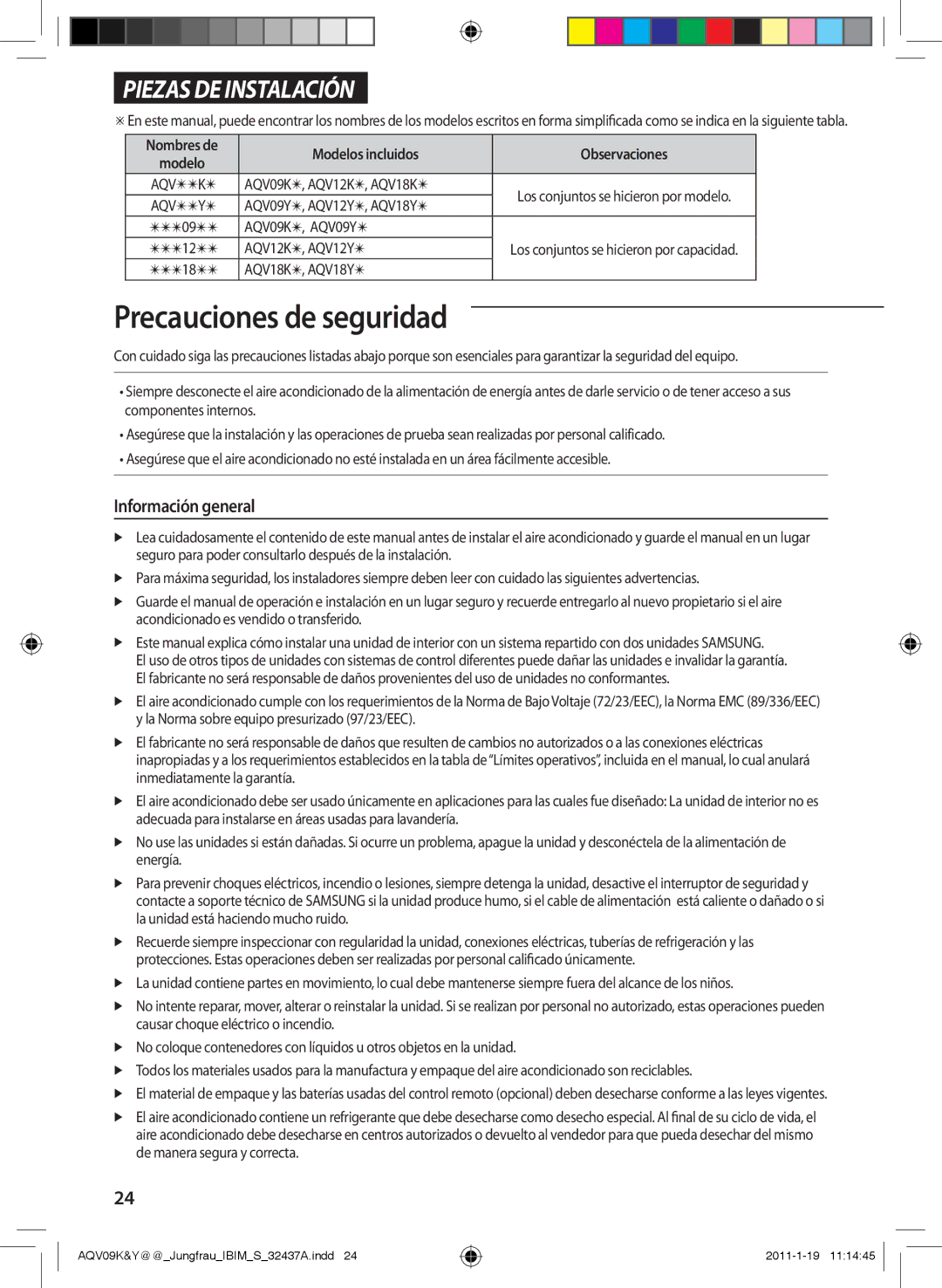 Samsung AQV18YWAN, AQV12KBAN Información general, Modelos incluidos Observaciones, AQV09K , AQV09Y , AQV12K , AQV12Y  