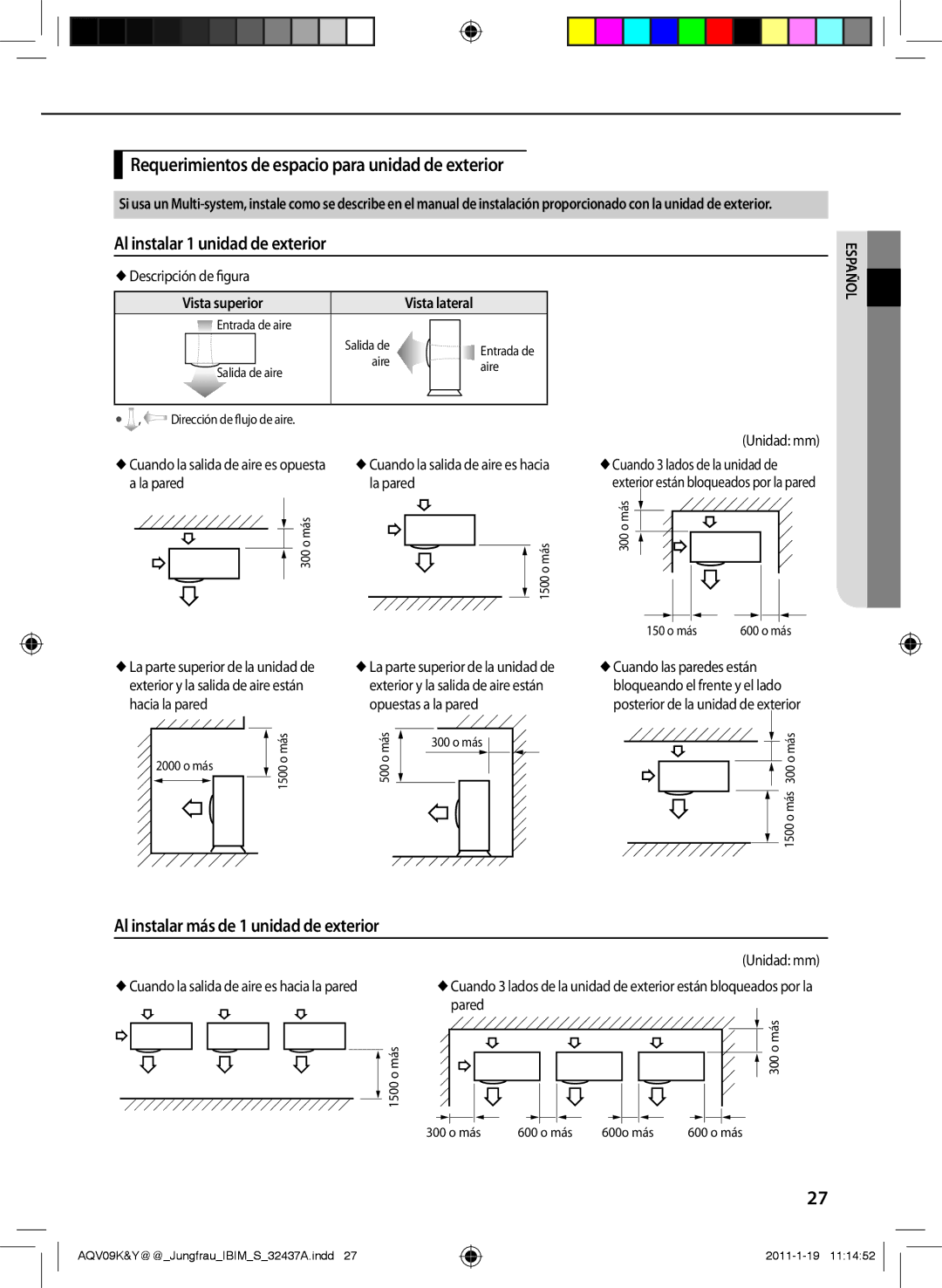 Samsung AQV24PSBXSER, AQV12KBAN manual Requerimientos de espacio para unidad de exterior, Al instalar 1 unidad de exterior 