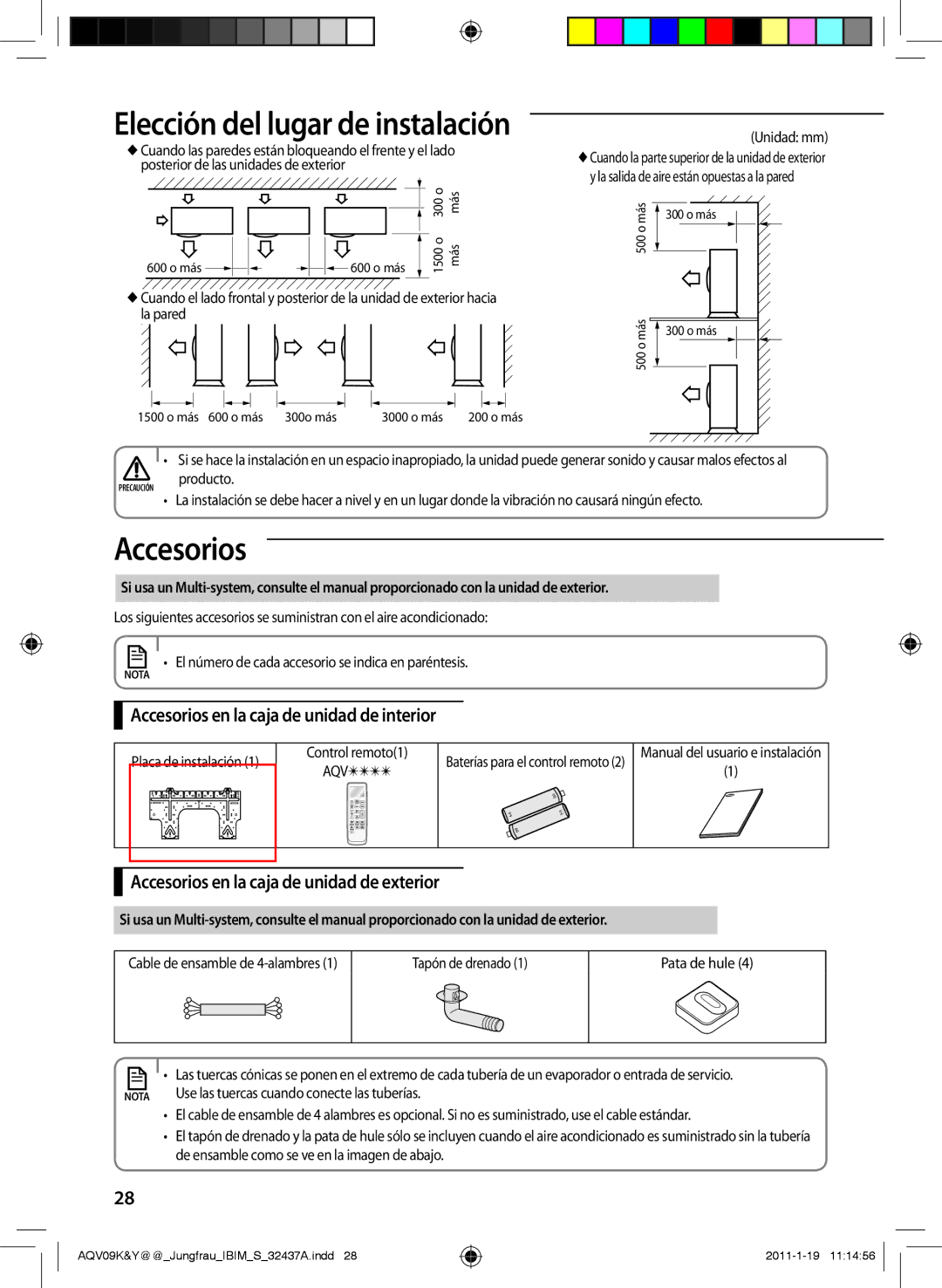 Samsung AQV12KBAN, AQV12YWAN Accesorios en la caja de unidad de interior, Accesorios en la caja de unidad de exterior 