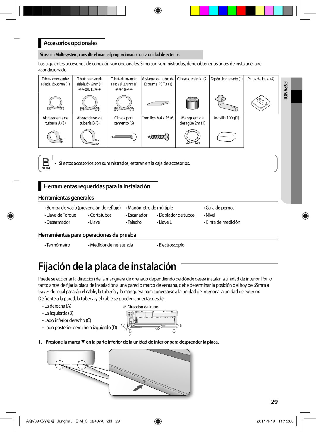 Samsung AQV12YWAN Fijación de la placa de instalación, Accesorios opcionales, Herramientas para operaciones de prueba 