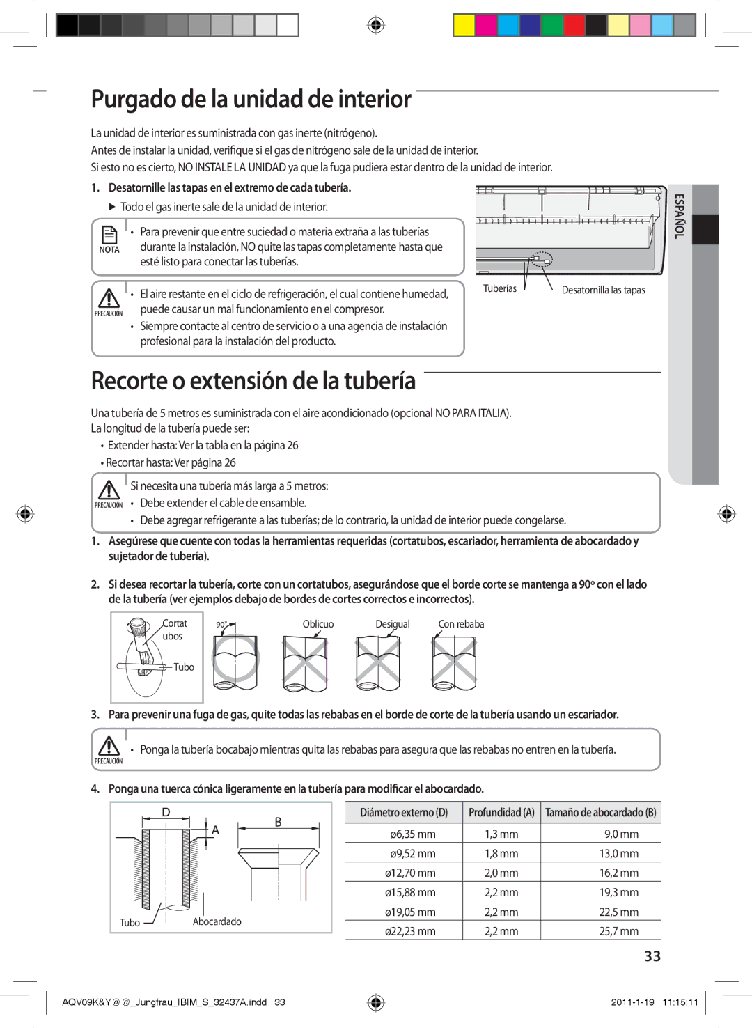 Samsung AQV18KBAX, AQV12KBAN, AQV12YWAN, AQV09KBAN manual Purgado de la unidad de interior, Recorte o extensión de la tubería 