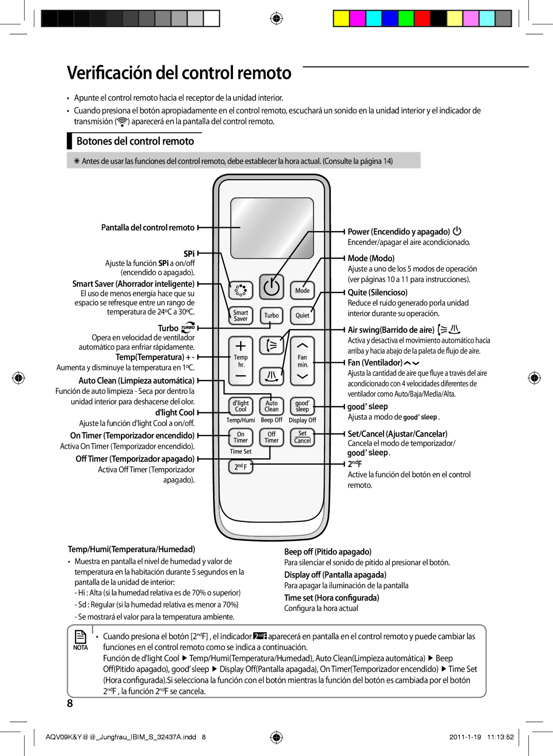 Samsung AQV12YWAX, AQV12KBAN, AQV12YWAN, AQV09KBAN, AQV09YWAX Verificación del control remoto, Botones del control remoto 