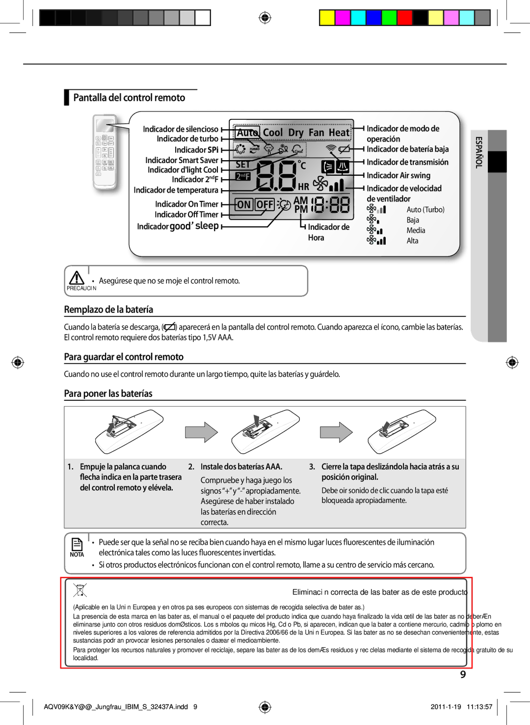 Samsung AQV24PSBX, AQV12KBAN, AQV12YWAN Pantalla del control remoto, Remplazo de la batería, Para guardar el control remoto 