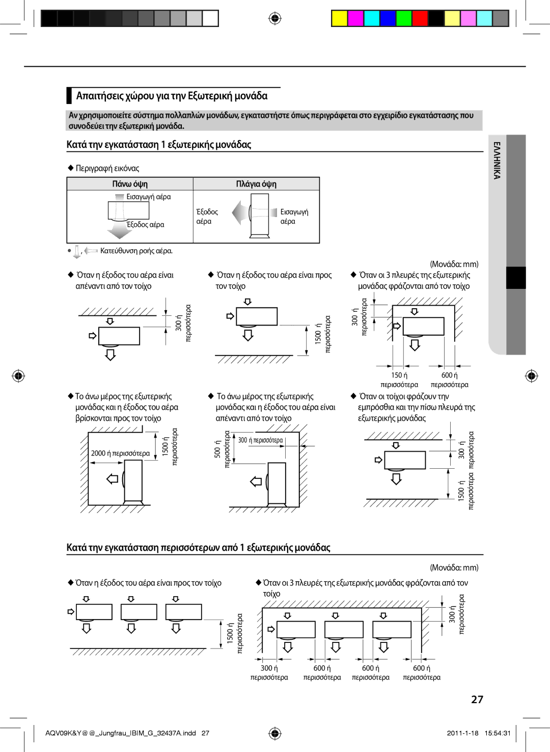 Samsung AQV24PSBXSER manual Απαιτήσεις χώρου για την Εξωτερική μονάδα, Κατά την εγκατάσταση 1 εξωτερικής μονάδας, Πάνω όψη 