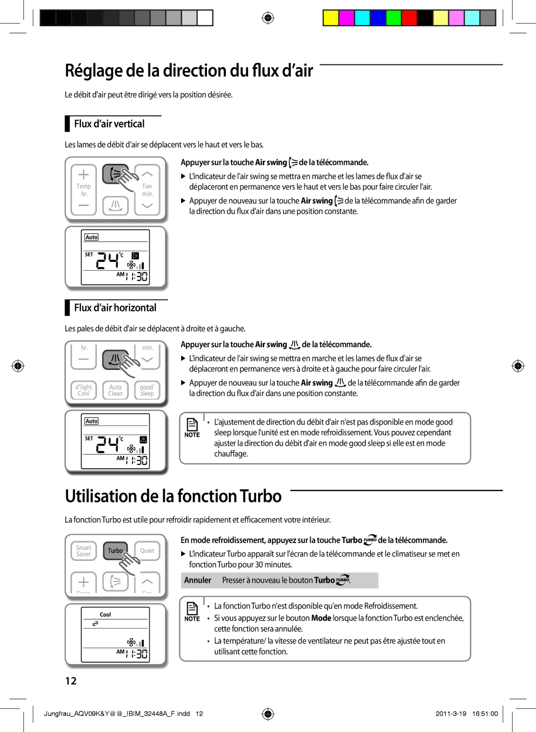 Samsung AQV12KBAN, AQV12YWAN Réglage de la direction du flux d’air, Utilisation de la fonction Turbo, Flux d’air vertical 