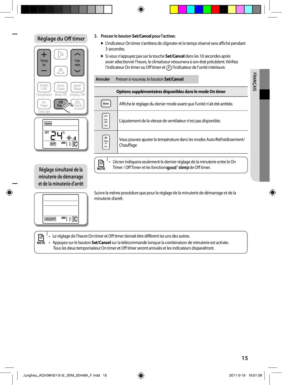 Samsung AQV09YWAX, AQV12KBAN, AQV12YWAN, AQV09KBAN, AQV09YWAN manual Réglage du Off timer, Timer / Off Timer et les fonctions 