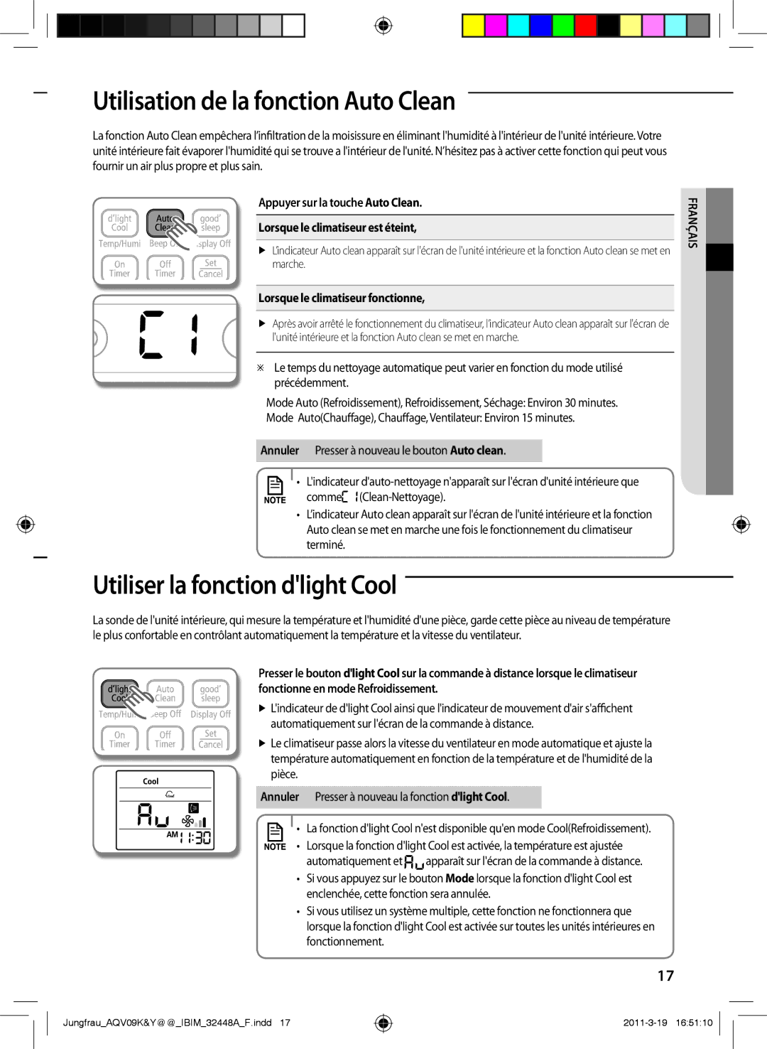 Samsung AQV18KBAX manual Utilisation de la fonction Auto Clean, Utiliser la fonction dlight Cool, Comme Clean-Nettoyage 