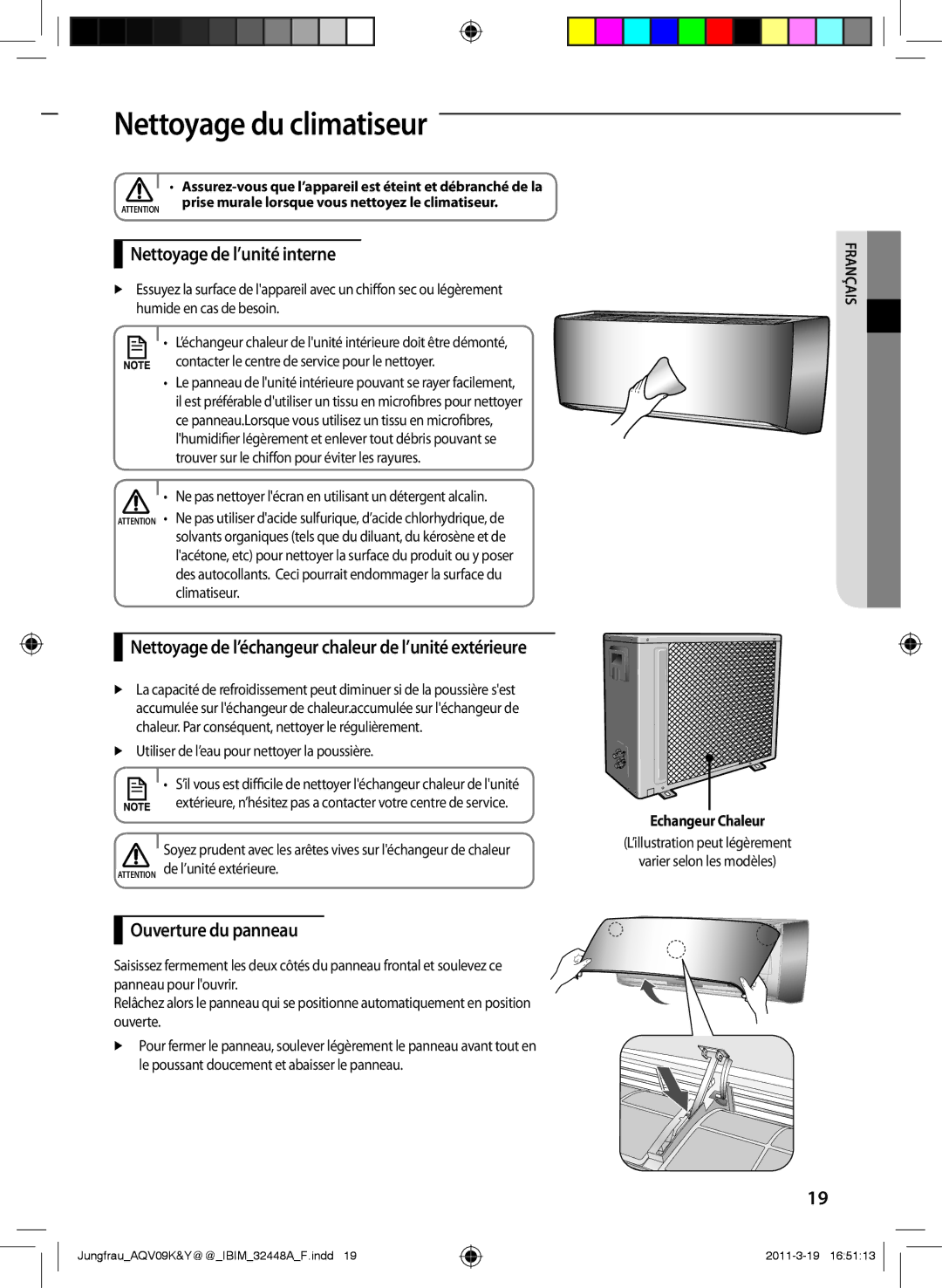 Samsung AQV12KBAX manual Nettoyage du climatiseur, Nettoyage de l’unité interne, Ouverture du panneau, Echangeur Chaleur 