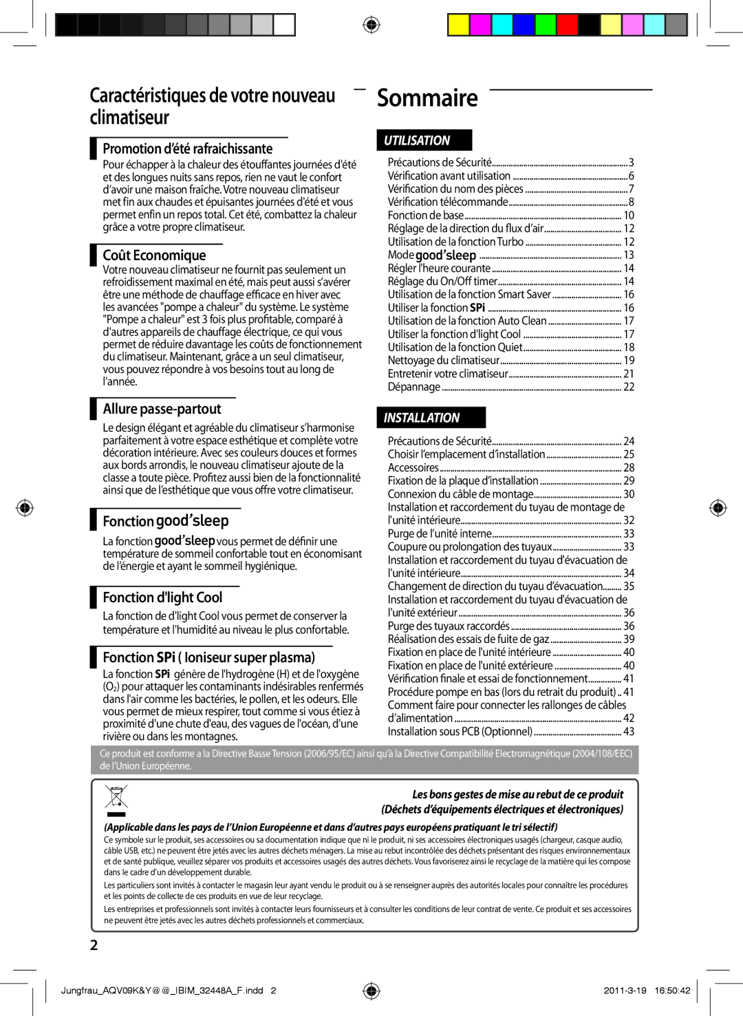 Samsung AQV09KBAN, AQV12KBAN, AQV12YWAN, AQV09YWAX, AQV09YWAN, AQV18KBAX, AQV18YWAX, AQV12KBAX, AQV12YWAX, AQV18YWAN manual Sommaire 