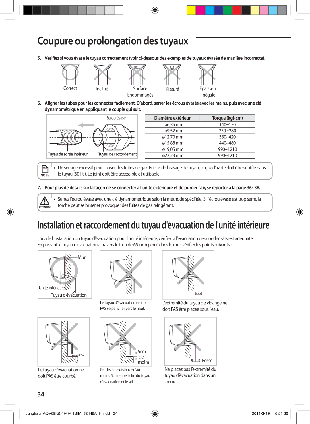 Samsung AQV18KBAN manual Correct Incliné, Fissuré, Le tuyau 50 Pa. Le joint doit être accessible et utilisable, 5cm, Fossé 