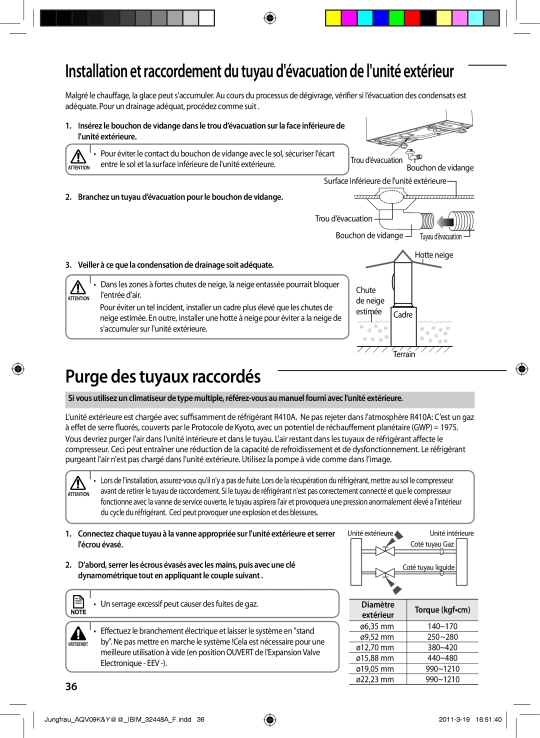 Samsung AQV12KBAN manual Purge des tuyaux raccordés, Branchez un tuyau d’évacuation pour le bouchon de vidange, Diamètre 