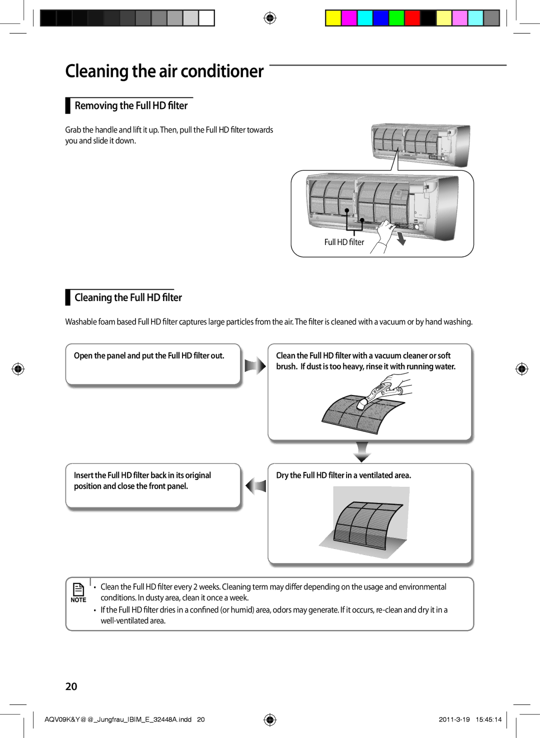 Samsung AQV12YWAX, AQV12KBAN manual Cleaning the air conditioner, Removing the Full HD filter, Cleaning the Full HD filter 