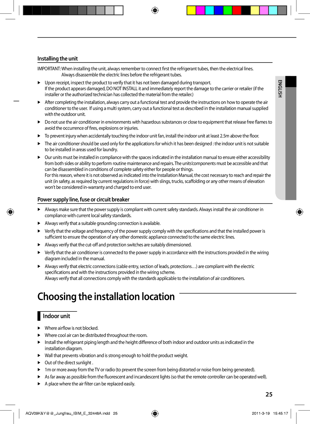 Samsung AQV12YWAN Choosing the installation location, Installing the unit, Power supply line, fuse or circuit breaker 