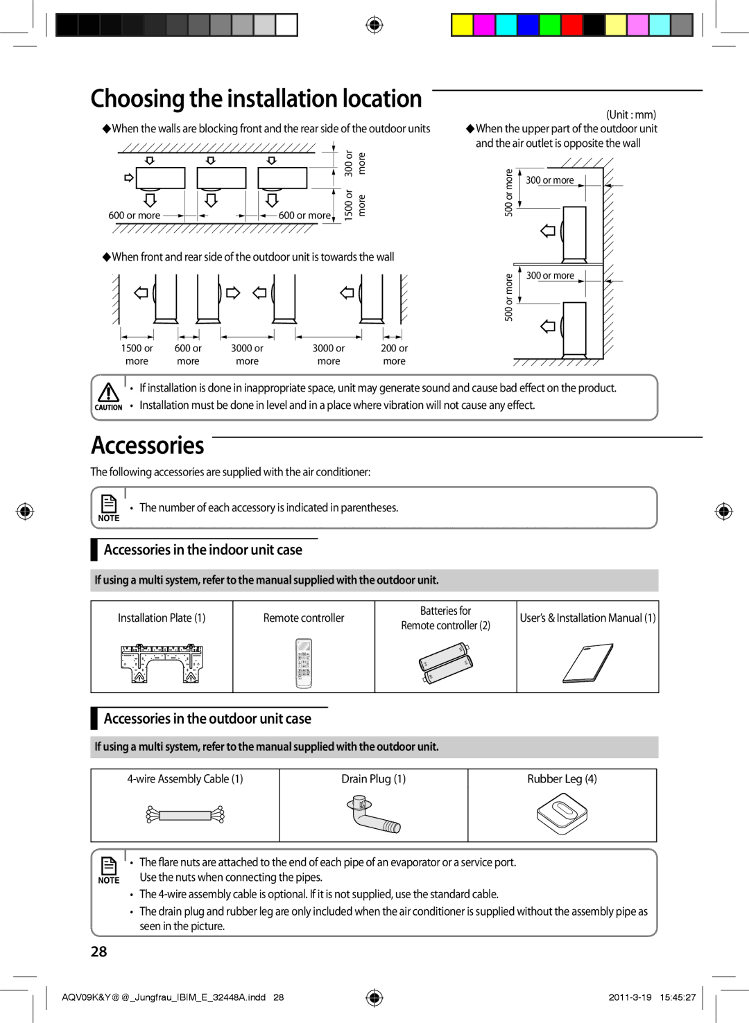 Samsung AQV09YWAN, AQV12KBAN manual Accessories in the indoor unit case, Accessories in the outdoor unit case, Unit mm 