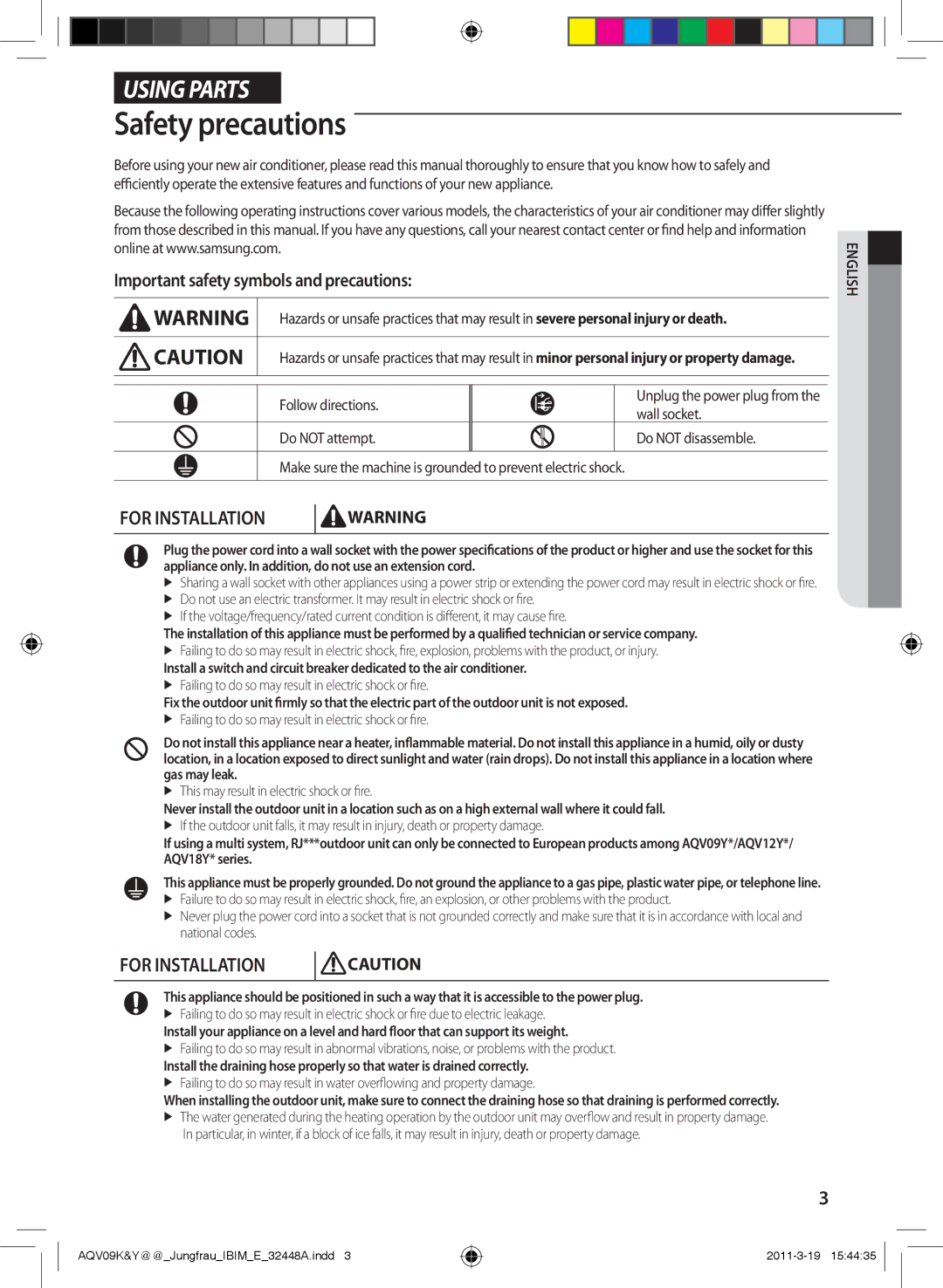 Samsung AQV09YWAX, AQV12KBAN Safety precautions, Important safety symbols and precautions, Follow directions, Wall socket 