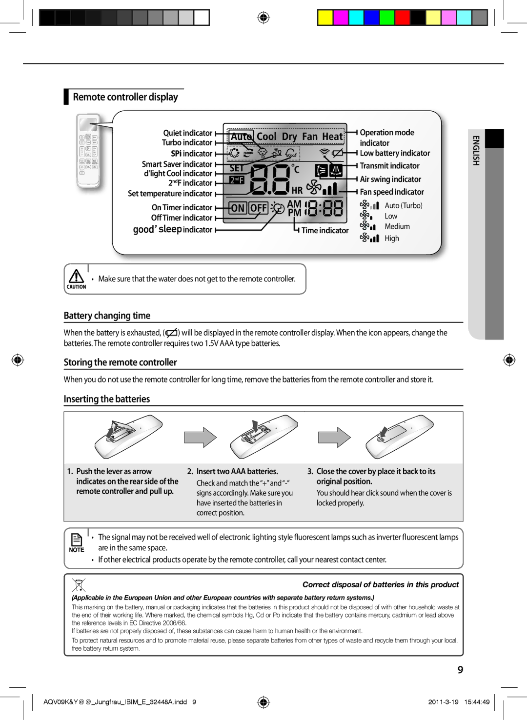 Samsung AQV18YWAN Remote controller display, Battery changing time, Storing the remote controller, Inserting the batteries 