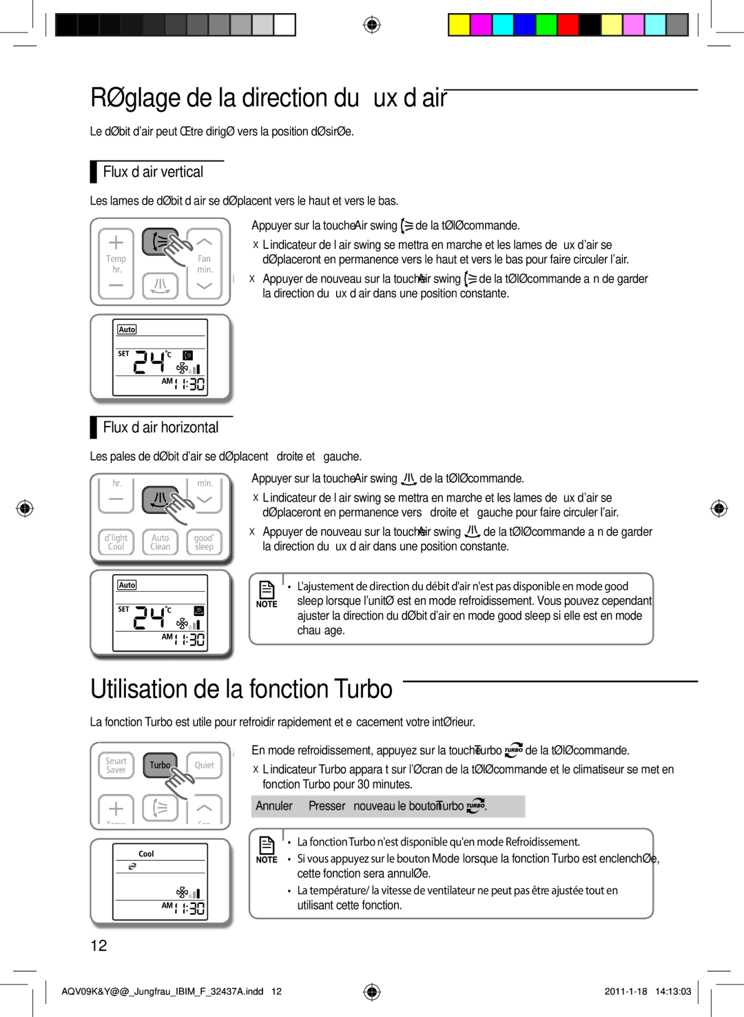 Samsung AQV09KBAX, AQV12KBAN Réglage de la direction du flux d’air, Utilisation de la fonction Turbo, Flux d’air vertical 