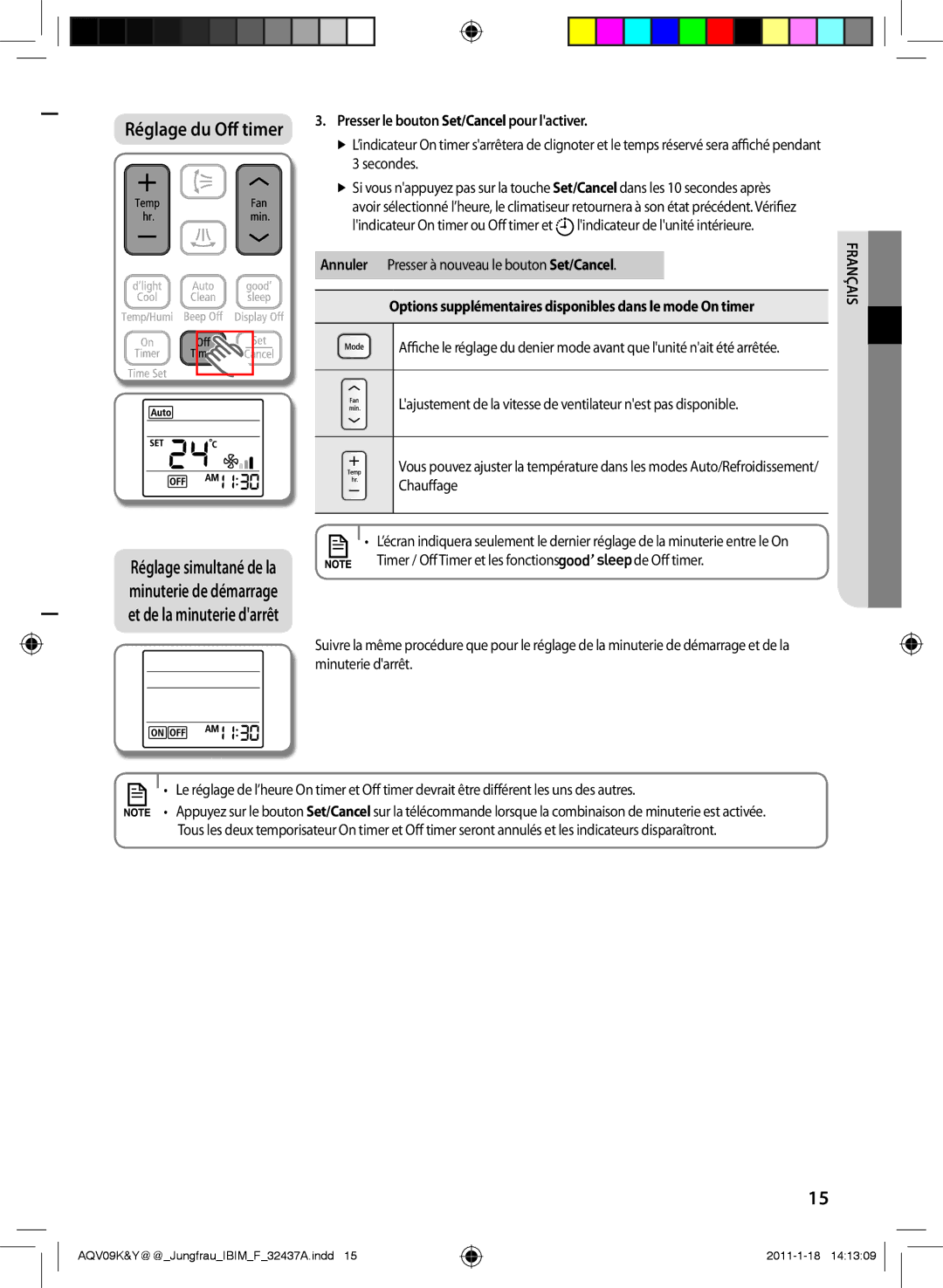 Samsung AQV09KBAN, AQV12KBAN, AQV12YWAN, AQV09YWAX, AQV09YWAN manual Réglage du Off timer, Timer / Off Timer et les fonctions 