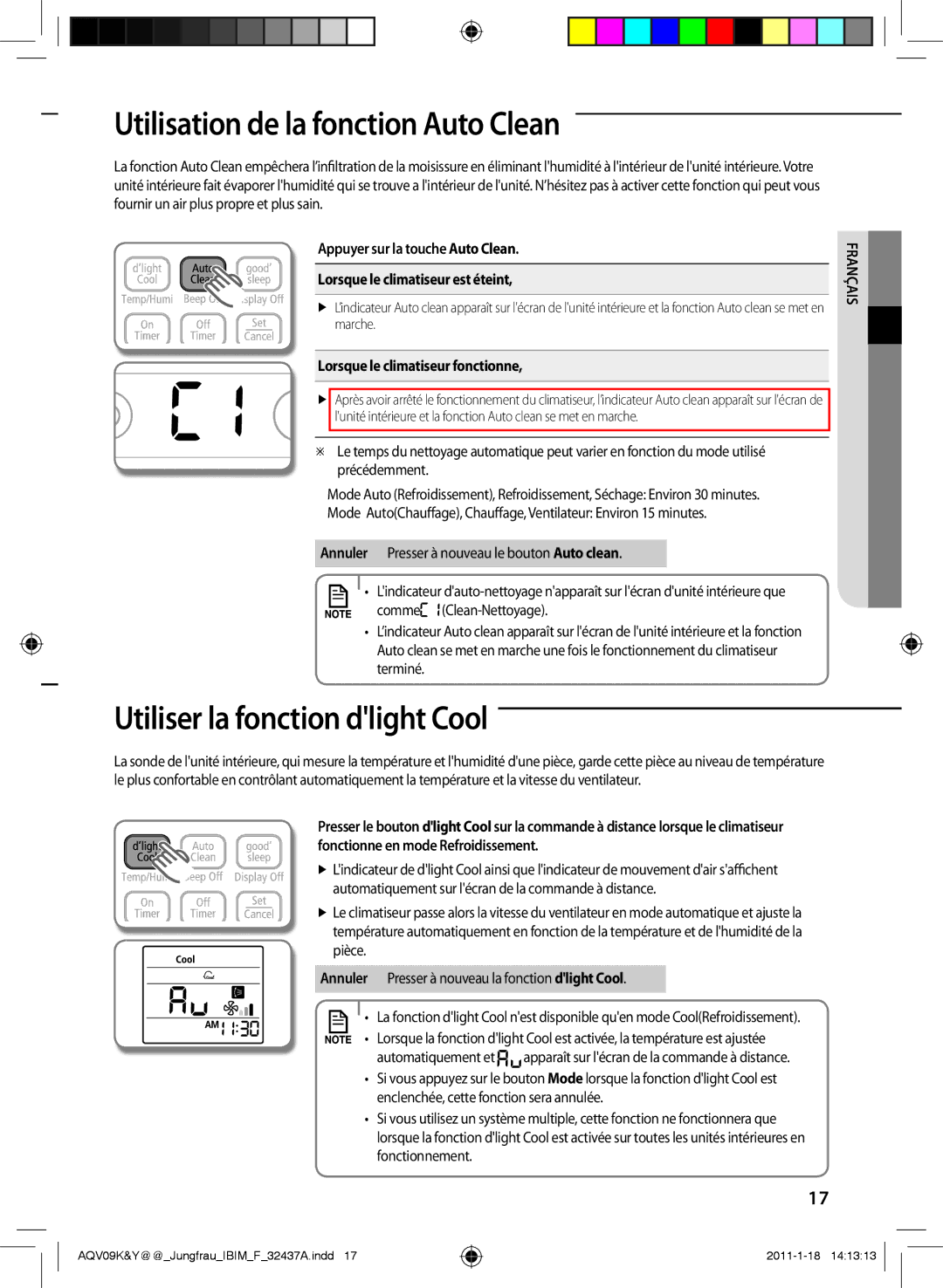 Samsung AQV09YWAN manual Utilisation de la fonction Auto Clean, Utiliser la fonction dlight Cool, Comme Clean-Nettoyage 