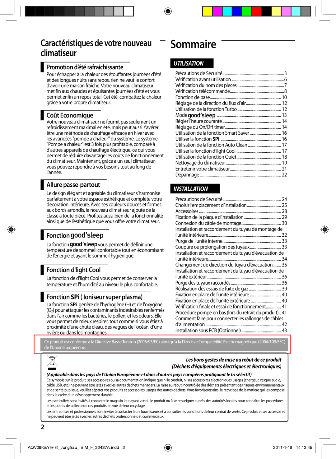 Samsung AQV09KBAN, AQV12KBAN, AQV12YWAN, AQV09YWAX, AQV09YWAN, AQV18KBAX, AQV18YWAX, AQV12KBAX, AQV12YWAX, AQV24PSBX manual Sommaire 