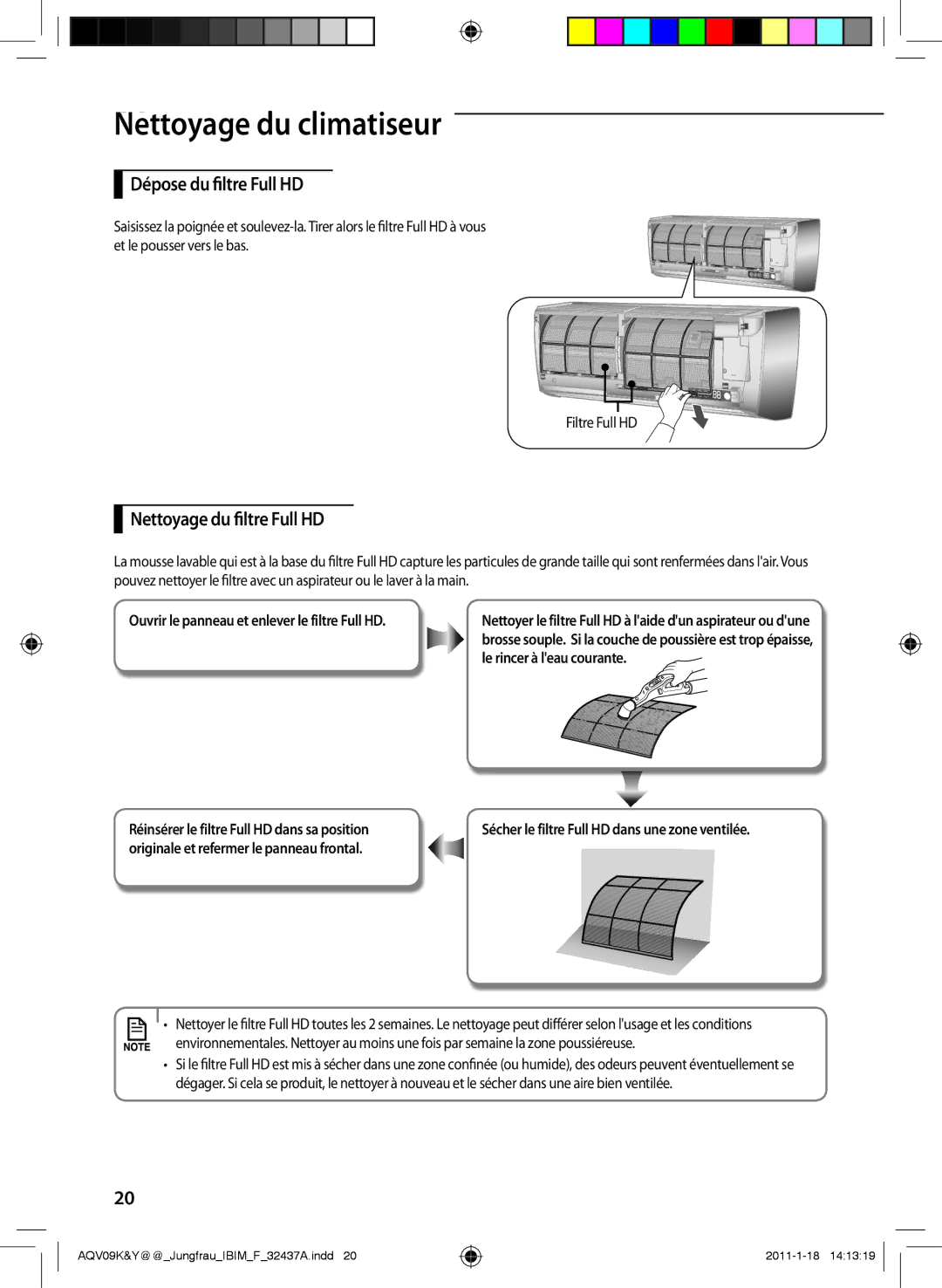 Samsung AQV12KBAX, AQV12KBAN, AQV12YWAN NettoyageAA du climatiseur, Dépose du filtre Full HD, Nettoyage du filtre Full HD 
