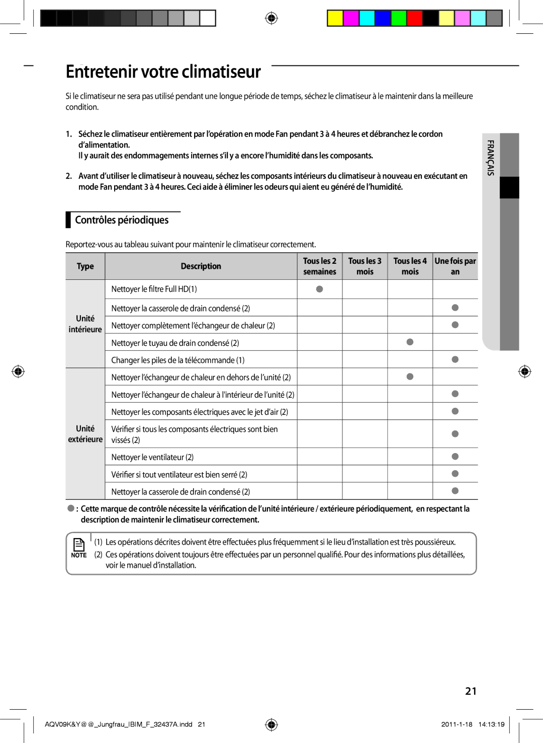 Samsung AQV12YWAX, AQV12KBAN, AQV12YWAN, AQV09KBAN, AQV09YWAX, AQV09YWAN EntretenirAA votre climatiseur, Contrôles périodiques 