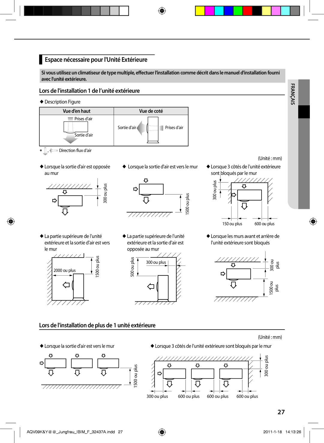 Samsung AQV12YWAN, AQV12KBAN manual Espace nécessaire pour lUnité Extérieure, Lors de linstallation 1 de l’unité extérieure 