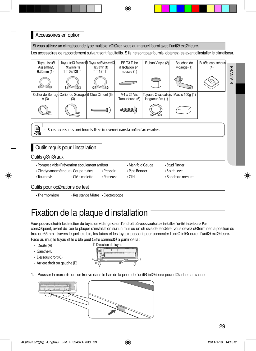 Samsung AQV09YWAX, AQV12KBAN Fixation de la plaque d’installation, Accessoires en option, Outils pour opérations de test 