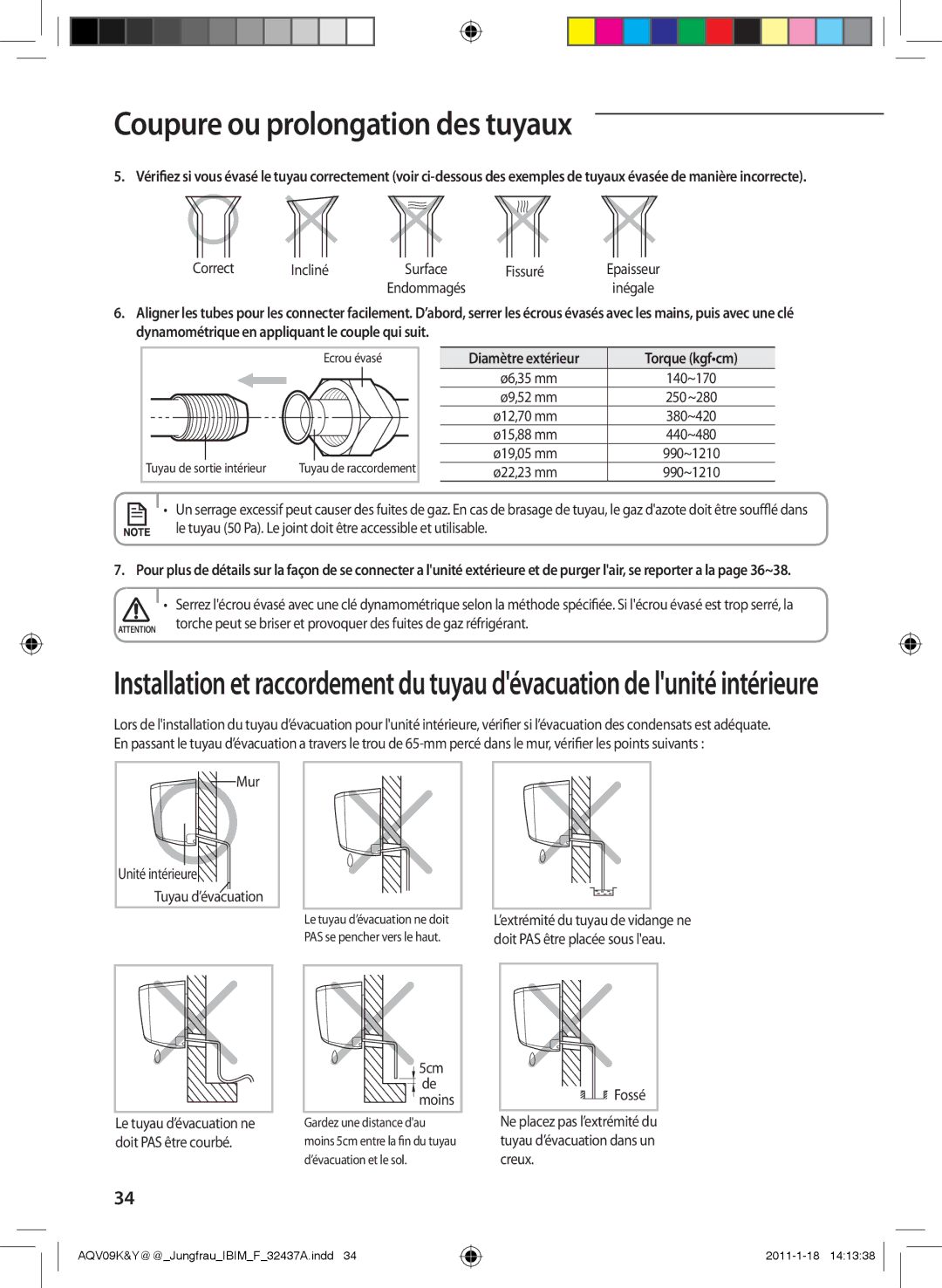 Samsung AQV12YWAX manual Correct Incliné, Fissuré, Le tuyau 50 Pa. Le joint doit être accessible et utilisable, 5cm, Fossé 